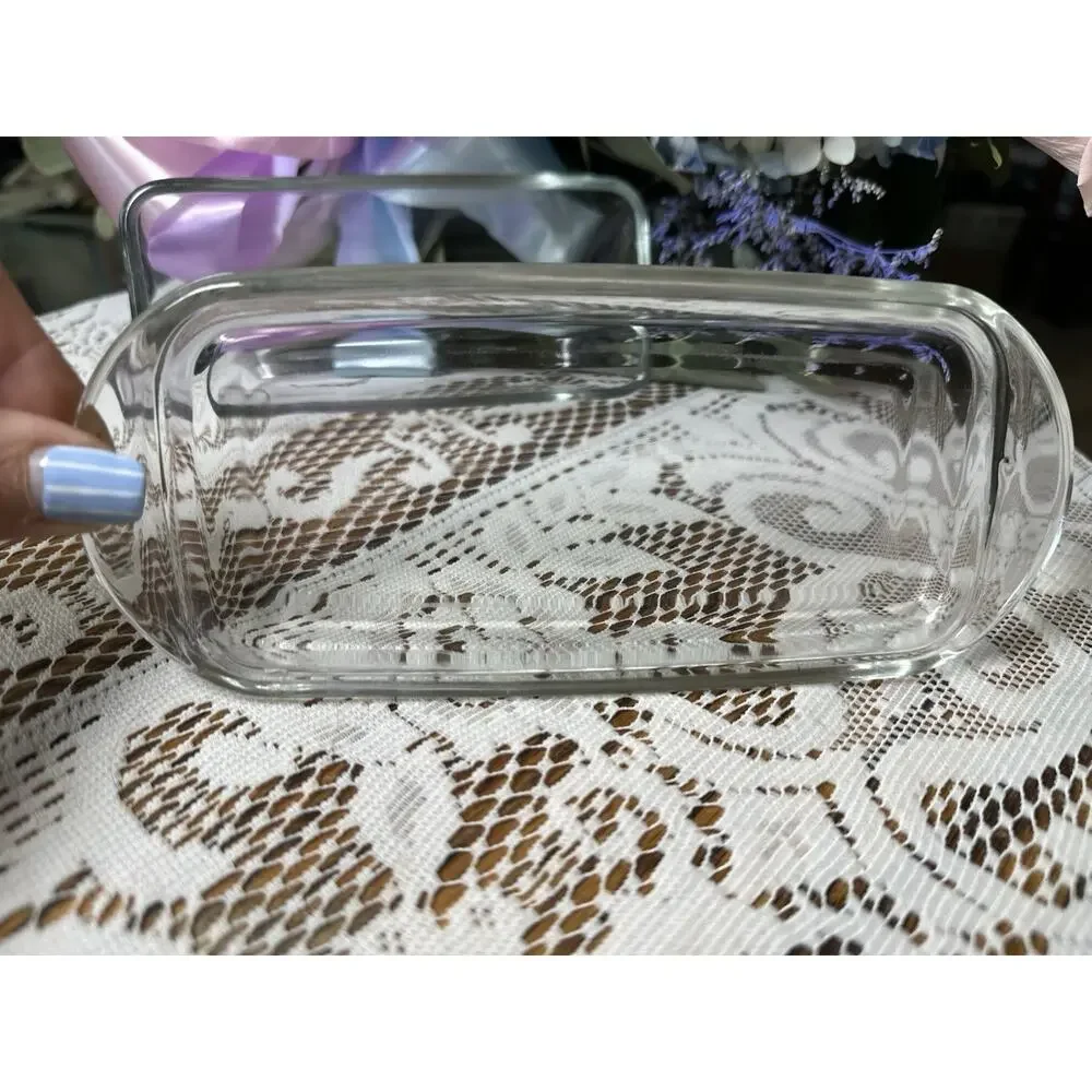 Vintage Clear Glass Covered Butter Dish Simple Classic Rounded Edges Domed 2pc